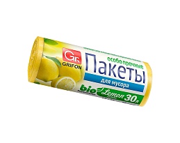 Мешки для мусора 30 л, ароматизированные, Лимон, желтые, в рулоне 20 шт., ПНД, 9 мкм, 560х530 мм, GRIFON Aroma, 101-020 Li в Тюмени